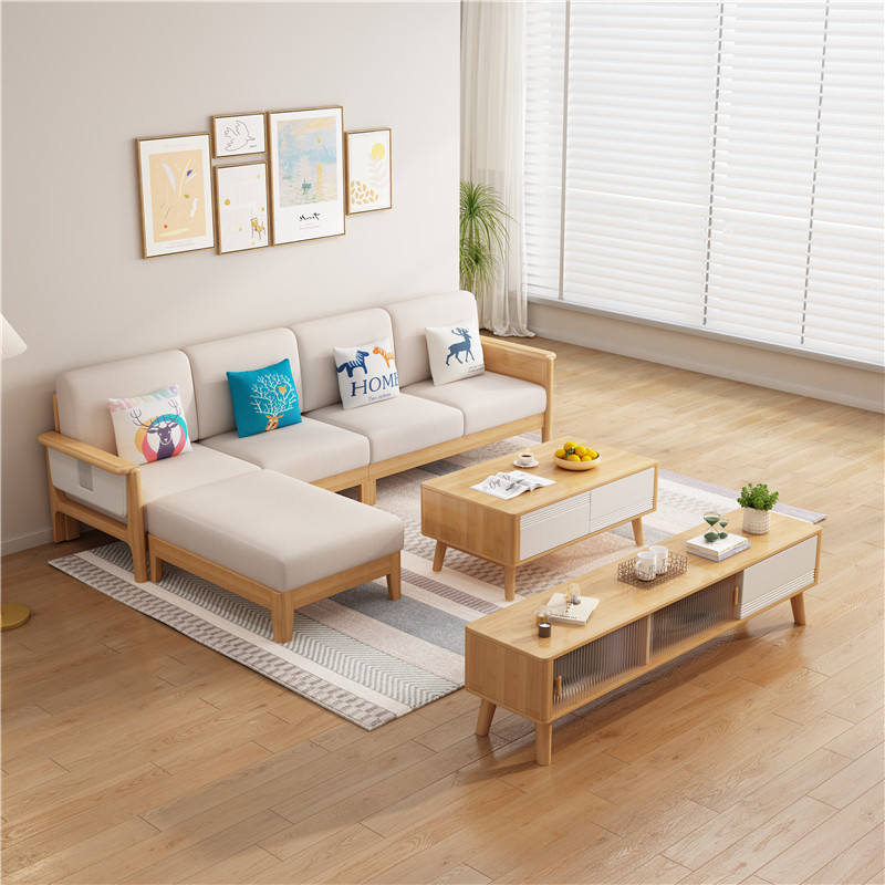 北欧家具  橡胶木实木沙发带脚踏 轻奢简约组合布艺沙发 北欧家具  橡胶木实木沙发带脚踏 轻奢简约组合布艺沙发