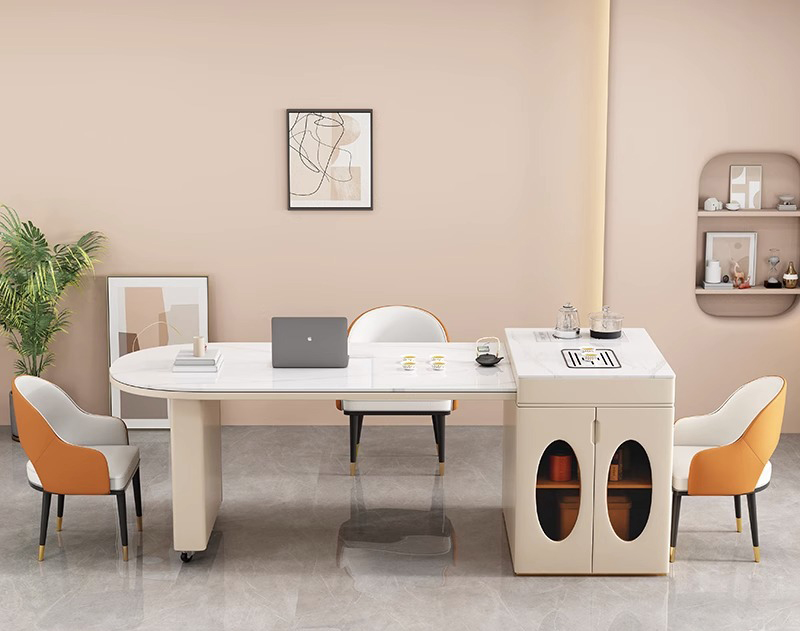 现代简约岛台餐桌一体 奶油风可伸缩法式岩板书桌 一体两用轻奢茶桌