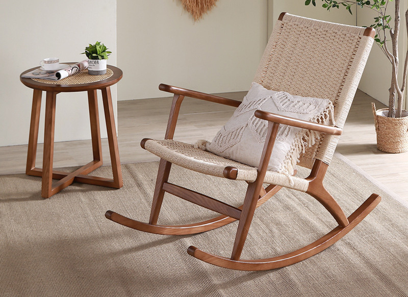 北欧藤编摇椅 家用休闲阳台摇摇椅 户外绳编老人躺椅子